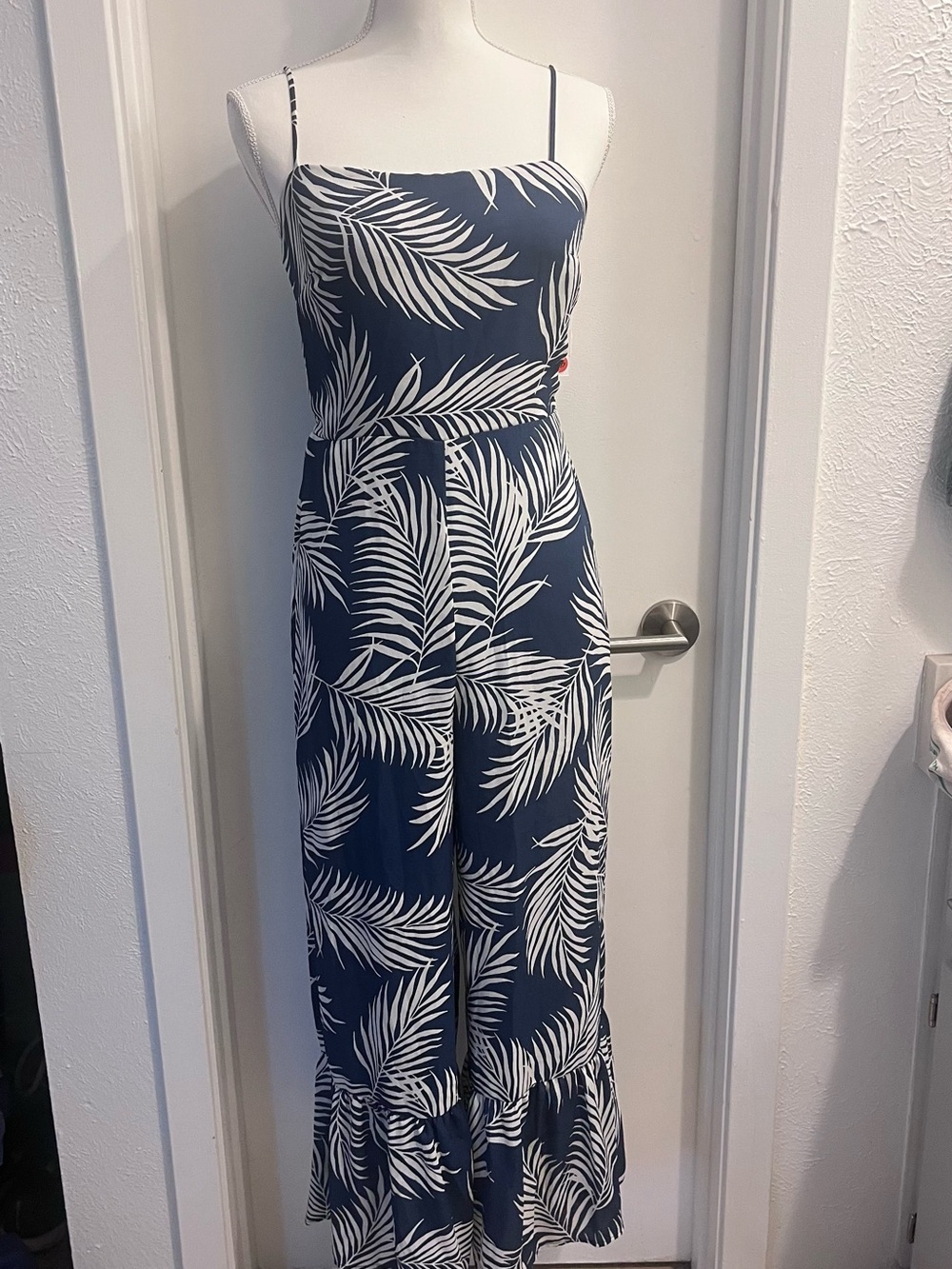 All in Favor Navy Palm-Leaf Wide-Leg Jumpsuit